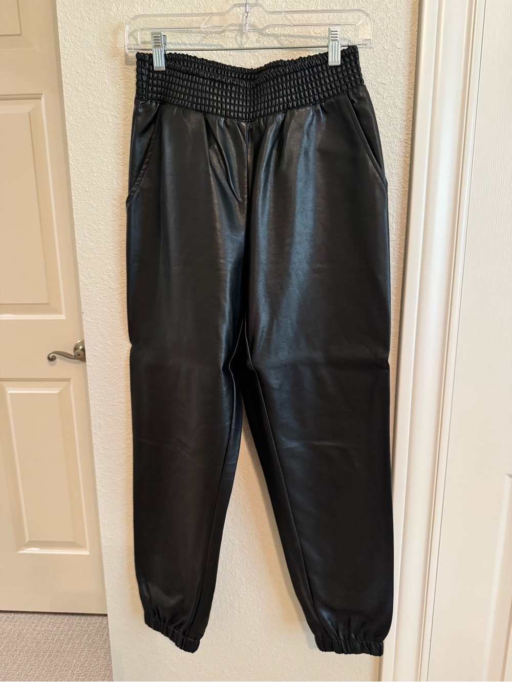 Women's Black Faux Leather Jogger Pants with Smocked Waist